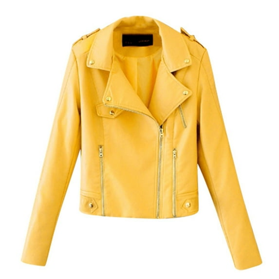 Zpanxa Womens Leather Jacket Casual Solid Color Lapel Zip up Cropped Tops Blouse Long Sleeve Motorcycle Jacket Coat Yellow M
