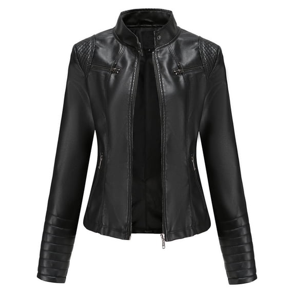 Zpanxa Womens Leather Jacket Fll Winter Fashion Slim-Fit Leather Stand-Up Collar Zipper Motorcycle Suit Thin Short Coat Jacket Black S