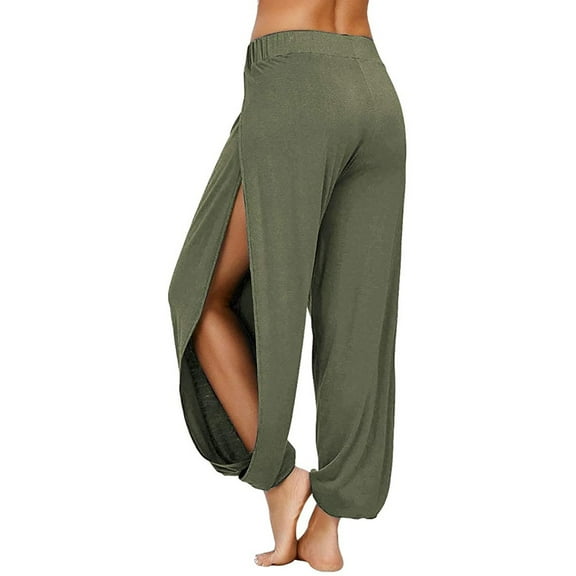 Zpanxa Womens Long Side Slit Loose Harem Yoga Pants Casual Solid Hollow Elastic Waist Workout Sports Wide Leg Pants Trousers Elegant Flare Leg Long Pants Green XXL