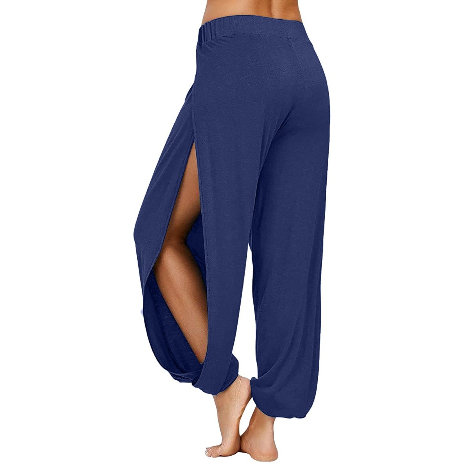 Zpanxa Womens Long Side Slit Loose Harem Yoga Pants Casual Solid Hollow  Elastic Waist Workout Sports Wide Leg Pants Trousers Elegant Flare Leg Long  Pants Dark Blue L 