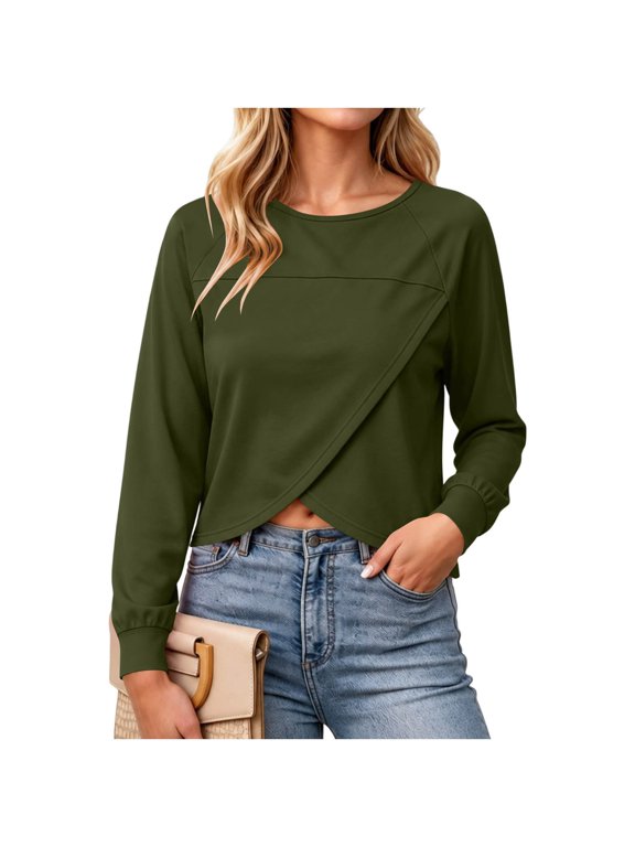 Womens Long Sleeve Crewneck Pullover Top Split Front Casual Solid Basic Blouse Loose Fit Soft Lightweight for Daily Outfits
