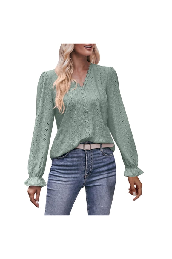 Womens Long Sleeve Tops Fashion Cutout Scalloped Lace Blouses Dressy V-Neck Long Sleeve Loose Casual T-Shirt Green XXL