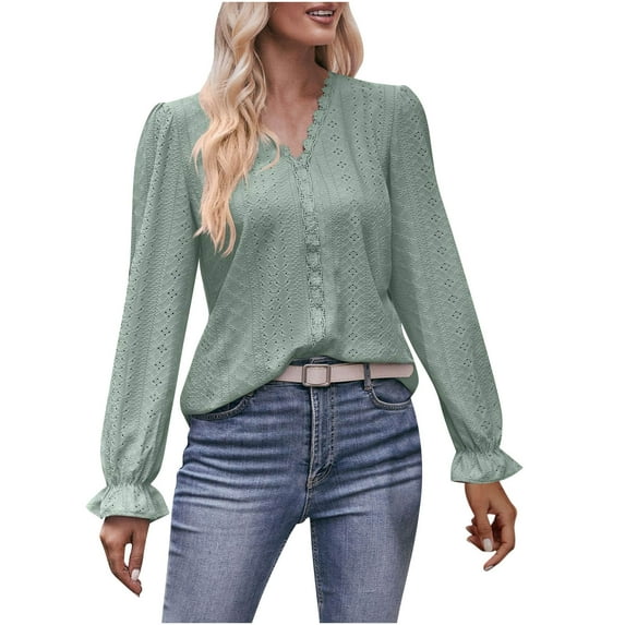 Zpanxa Womens Long Sleeve Tops Fashion Cutout Scalloped Lace Blouses Dressy V-Neck Long Sleeve Loose Casual T-Shirt Green XXL