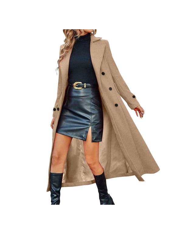 Womens Long Wool Coat Double Breasted Notch Lapel Long Sleeve Slim Fit Solid Color Winter Peacoat Trench Outerwear