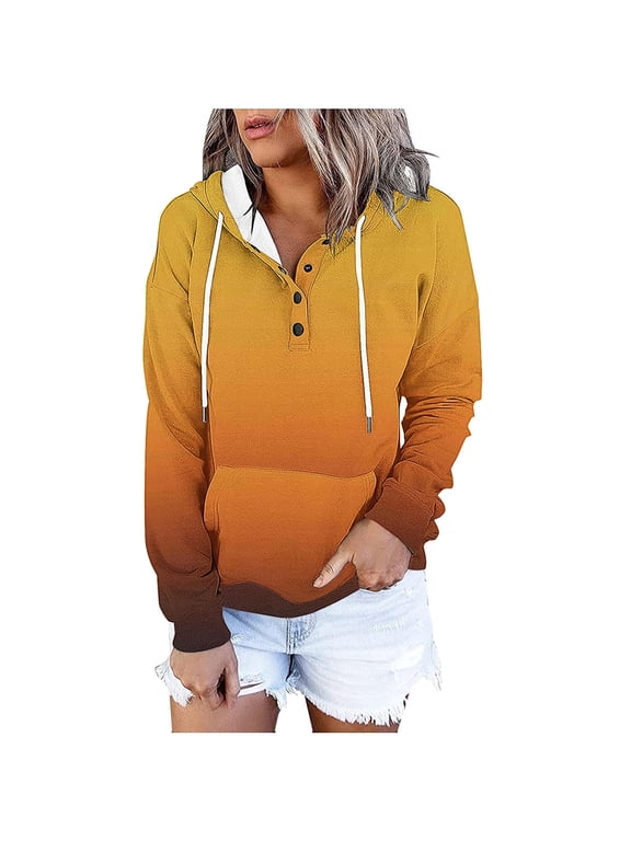 Womens Ombre Hoodie Half Button Pullover Drawstring Casual Long Sleeve Top with Pocket