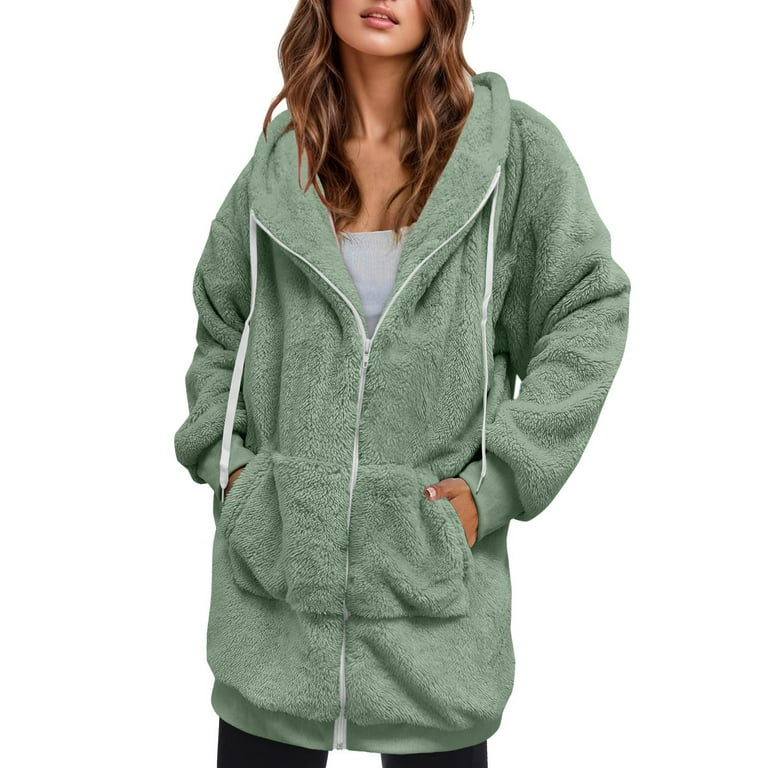 Zpanxa Womens Oversized Zip Up Sherpa Jacket with Pockets Fleece Hoodie  Winter Teddy Coat Outerwear Hooded Sweatshirt Green XL 
