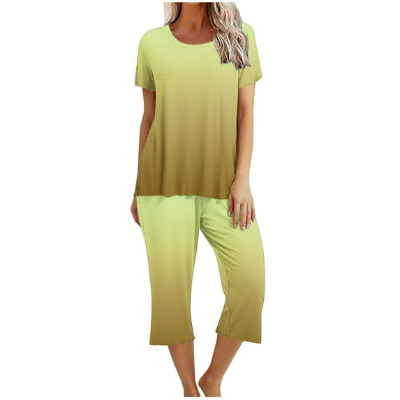 Zpanxa Womens Pajama Sets 2PC Short Sleeve Sleepwear Tops and Capri Pants Pjs Print Pajama Sets Round Neck Sleepshirt Loungewear Pajamas with Pockets Beige B S