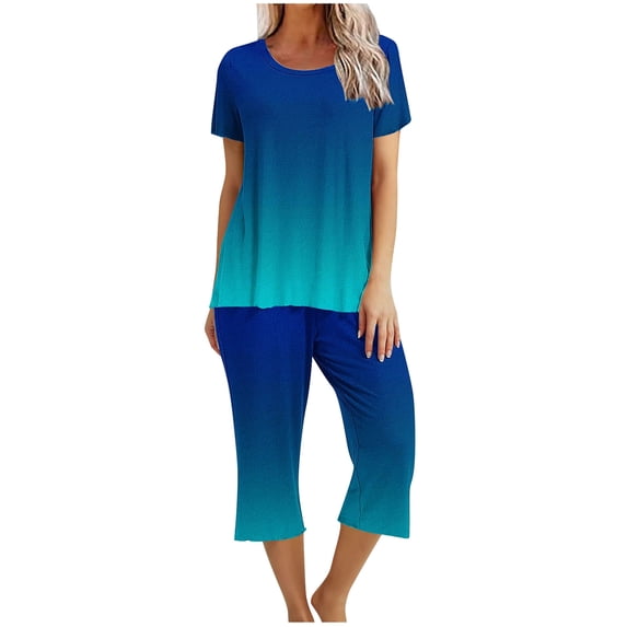 Zpanxa Womens Pajama Sets 2PC Short Sleeve Sleepwear Tops and Capri Pants Pjs Print Pajama Sets Round Neck Sleepshirt Loungewear Pajamas with Pockets Blue A M