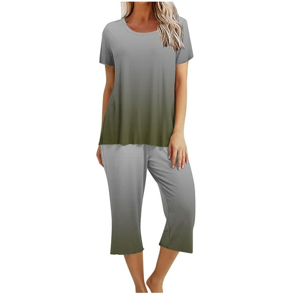 Zpanxa Womens Pajama Sets 2PC Short Sleeve Sleepwear Tops and Capri Pants Pjs Print Pajama Sets Round Neck Sleepshirt Loungewear Pajamas with Pockets Gray A S