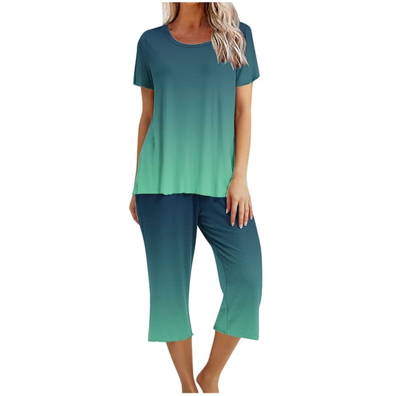 Zpanxa Womens Pajama Sets 2PC Short Sleeve Sleepwear Tops and Capri Pants Pjs Print Pajama Sets Round Neck Sleepshirt Loungewear Pajamas with Pockets Green B L