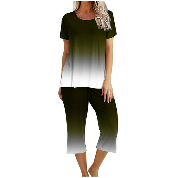 Zpanxa Womens Pajama Sets 2PC Short Sleeve Sleepwear Tops and Capri Pants Pjs Print Pajama Sets Round Neck Sleepshirt Loungewear Pajamas with Pockets White B M
