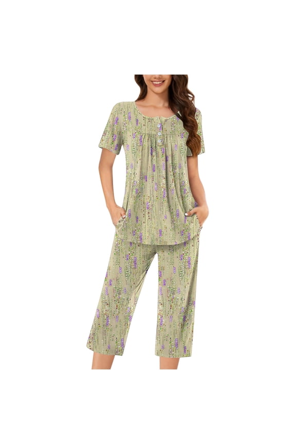 Womens Pajama Sets Casual Buttons Round Neck Short Sleeve Blouse Fashion Pockets Pants Pajamas Suit Yellow XXL