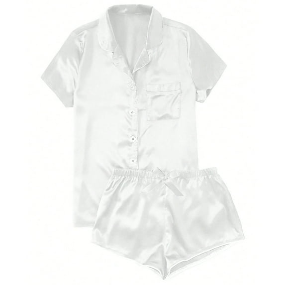 Zpanxa Womens Pajama Sets Satin Casual Home Button Pajama Set White A L