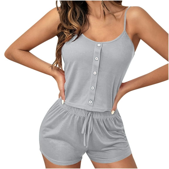 Zpanxa Womens Pajama Sets Summer Women's Pajamas Fake Button Tank Top Shorts and Sling Set Gray S