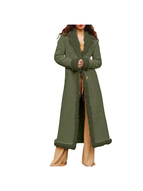 Womens Plus Size Fleece Lined Long Coat Button Front Notch Lapel Long Sleeve Solid Color Thickened Heavyweight Winter Parka Warm Plush Outerwear