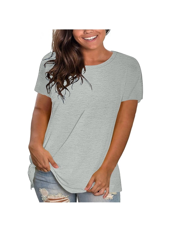 Womens Plus Size Summer Tops Solid Round Neck Short Sleeve Workout T-Shirt Blouse Loose Fit Tech Stretch Activewear Gray 3XL