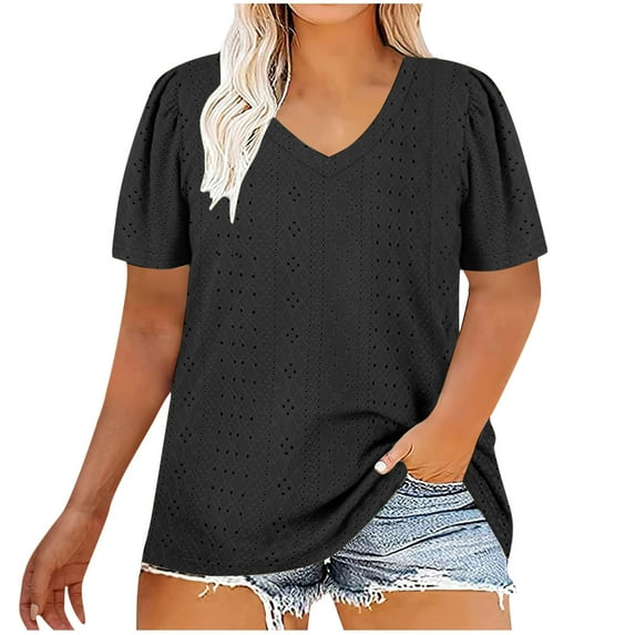 Zpanxa Womens Plus Size Tops Casual Short Sleeve V-Neck Summer Tops Loose Solid Color T-Shirt Pullover
