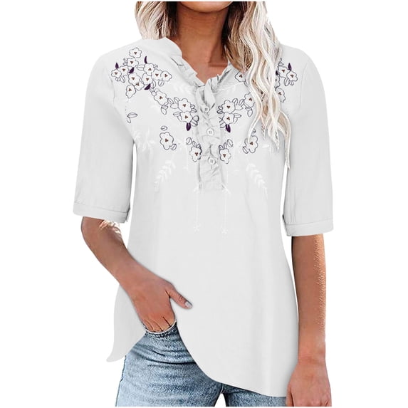 Zpanxa Womens Plus Size Tops Women's Solid-neck Linen Short Sleeve Solid Color T-shirt Linen Top Style Large Short Sleeve-neck Top Short Sleeve-neck Top/shirt