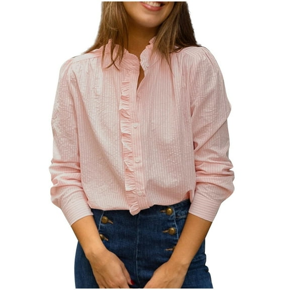 Zpanxa Womens Professional Stand Collar Blouse Long Sleeve Flounce Detail Solid Color Workwear Modern Fit Office Elegant Dress Shirt