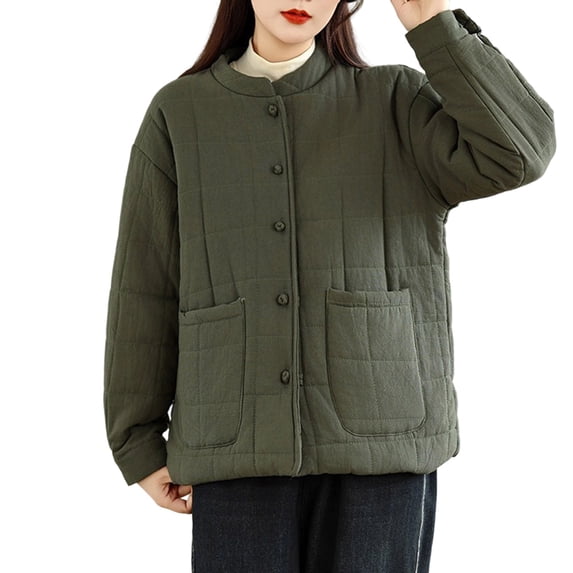 Zpanxa Womens Puffer Jacket Collarless Button Down Quilted Warm Winter Coat with Pockets Green M