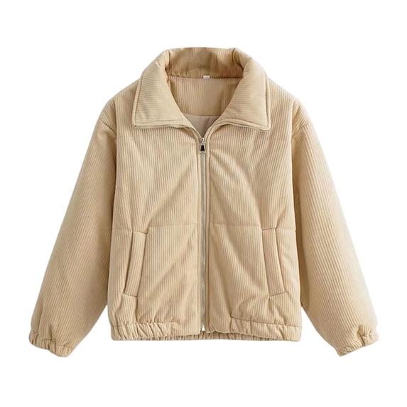 Zpanxa Womens Puffer Jacket Short Corduroy Zip Up Stand Collar Casual Winter Coat with Pockets Beige S