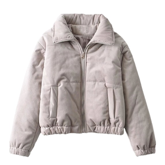 Zpanxa Womens Puffer Jacket Short Corduroy Zip Up Stand Collar Casual Winter Coat with Pockets Gray M