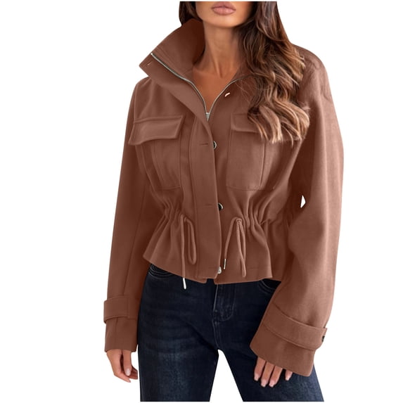 Zpanxa Womens Puffer Jacket Short Drawstring Zip Up Utility Casual Hoodless Winter Coat with Pockets Coffee S