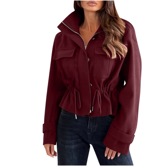 Zpanxa Womens Puffer Jacket Short Drawstring Zip Up Utility Casual Hoodless Winter Coat with Pockets Wine L