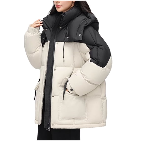 Zpanxa Womens Puffer Jacket Short Plus Size Colorblock Zip Up Snap Button Winter Coat with Pockets Beige S