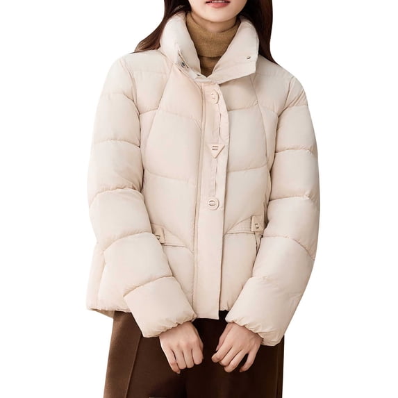 Zpanxa Womens Puffer Jacket Short Stand Collar Snap Button Quilted Casual Winter Coat with Pockets White L