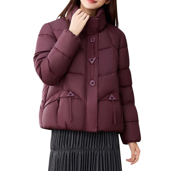 Zpanxa Womens Puffer Jacket Short Stand Collar Snap Button Quilted Casual Winter Coat with Pockets Wine XXL