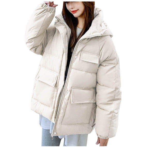 Zpanxa Womens Puffer Jacket Utility Hooded Zip up Winter Coat with Pockets Beige L
