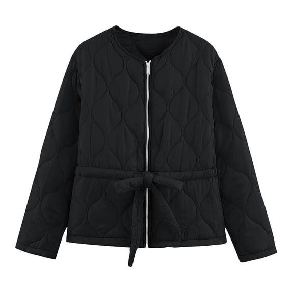 Zpanxa Womens Puffer Jacket Zip Up Tie Waist Quilted Casual Fall Winter Coat with Pockets Black L