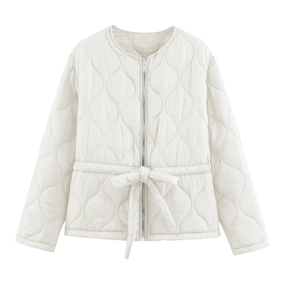 Zpanxa Womens Puffer Jacket Zip Up Tie Waist Quilted Casual Fall Winter Coat with Pockets White S