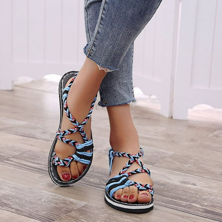 Zpanxa Womens Sandals Summer Ladies Flip-Flops Flat Heel Bohemian Roman  Sandals Casual Flip Flops Women's Shoes Wedge Sandals for Women Blue 38 