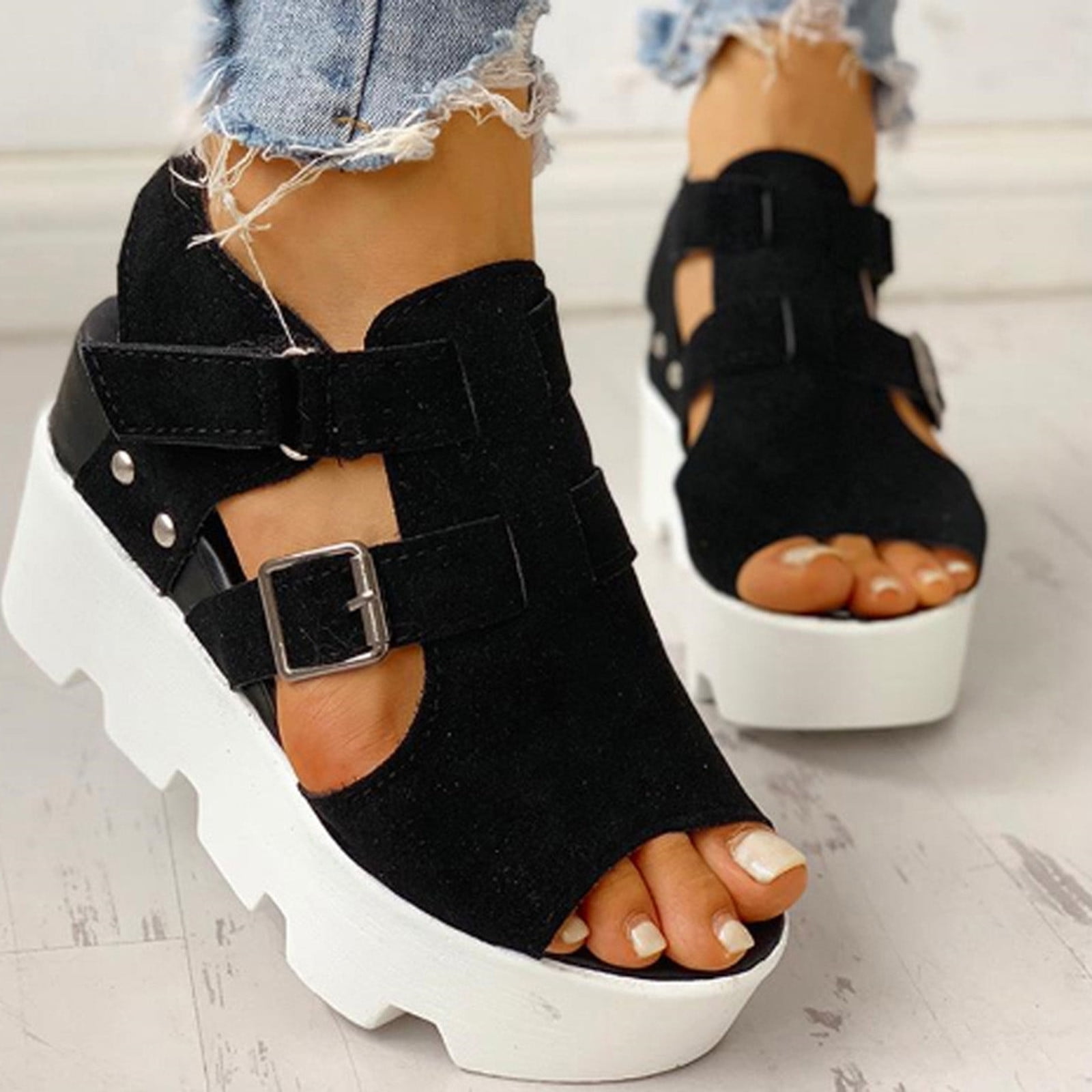 Zpanxa Womens Sandals Summer New European and American Wedge Heel Velcr Fish Mouth Sandals Waterproof Thick Sole Womens Shoes Wedge Sandals for Women Black 39