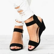 Zpanxa Womens Sandals Women's Solid Color Round Toe Wedge Heel Buckle Suede Low Top Sandals Shoes Wedge Sandals for Women Black 37