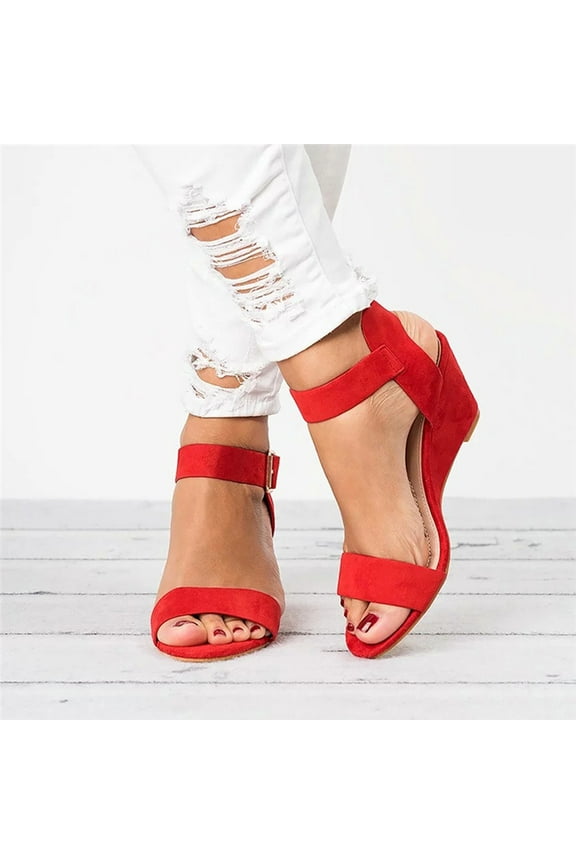 Womens Sandals Women's Solid Color Round Toe Wedge Heel Buckle Suede Low Top Sandals Shoes Wedge Sandals for Women Red 43