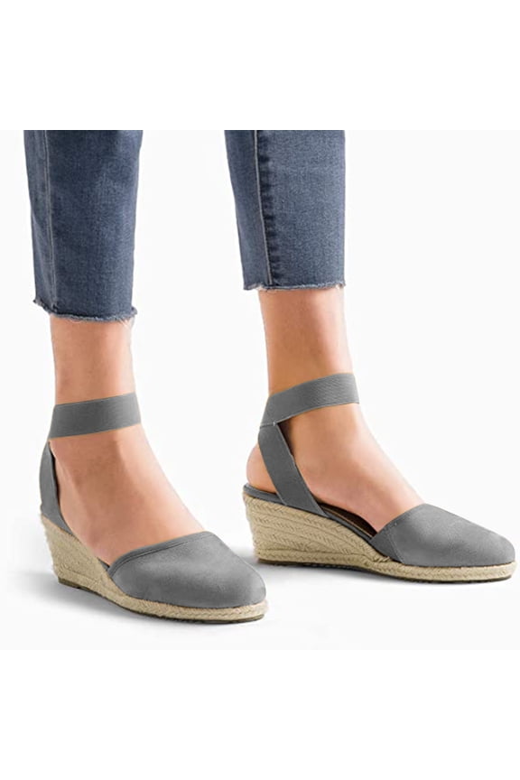 Womens Sandals Womens Suede Casual Elastic Band Platform Straw Woven Wedge Single Sandals Shoes Wedge Sandals for Women Gray 37