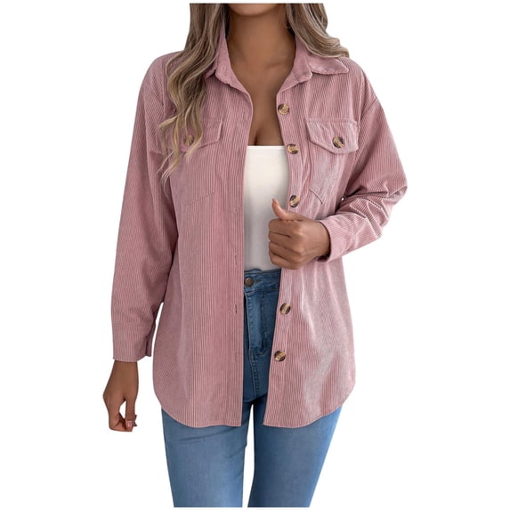 Zpanxa Womens Shacket Corduroy Plus Size Collared Button Down Casual Fall Long Sleeve Coat with Pockets Pink M