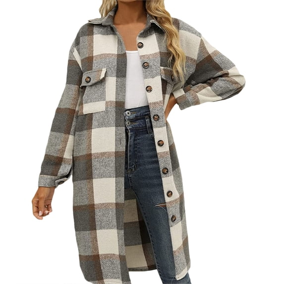 Zpanxa Womens Shacket Long Plaid Plus Size Collared Button Down Casual Flannel Coat with Pockets Khaki XL