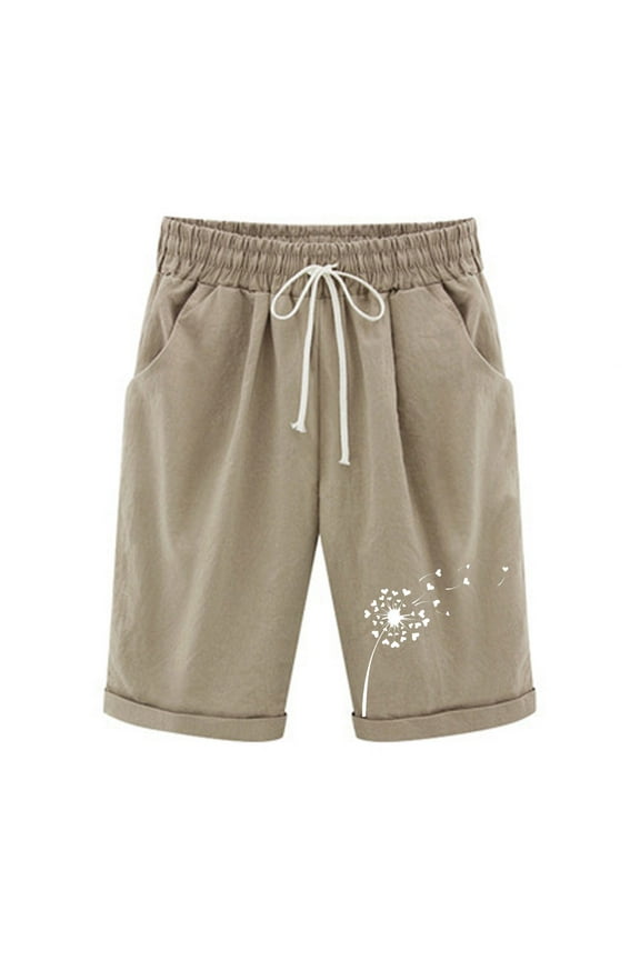 Womens Shorts Clearance Casual Drawstring Lounge Shorts Elastic Waist Half Print Bermuda Shorts with Pockets Khaki A M