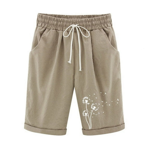 Zpanxa Womens Shorts Clearance Casual Drawstring Lounge Shorts Elastic Waist Half Print Bermuda Shorts with Pockets Khaki C S