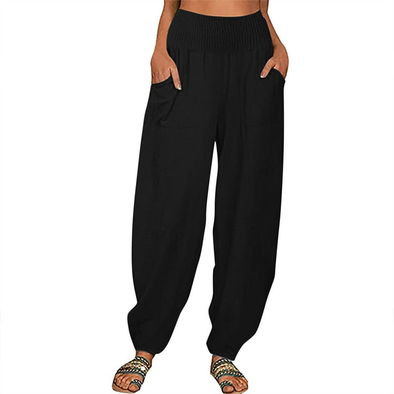Zpanxa Womens Slacks, Casual Solid Straight Wide Leg Trousers Pants With  Pocket Loose Comfy Drawstring Yoga Jogger Black M