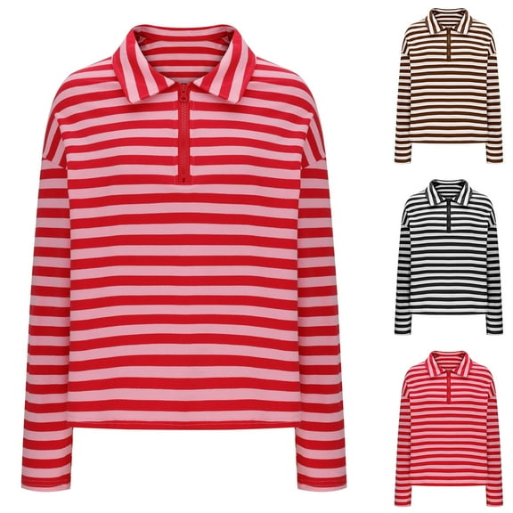 Zpanxa Womens Striped Zipper Blouse Long Sleeve Turndown Collar Stylish Workwear Top Modern Casual Office Shirt