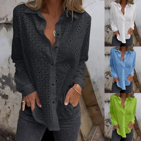 Zpanxa Womens Summer Boho Blouse Short Sleeve Round Neck Casual Top Hollow Out Button Detail Loose Fit Tunic Stylish Comfortable Shirt