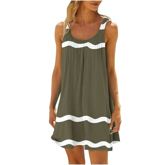 Zpanxa Womens Summer Dresses Fashion Casual Print Round-Neck Sleeveless Loose Knee-Length Dress