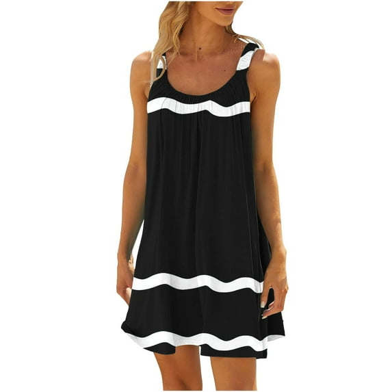 Zpanxa Womens Summer Dresses Fashion Casual Print Round-Neck Sleeveless Loose Knee-Length Dress