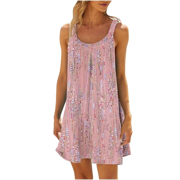 Zpanxa Womens Summer Dresses Fashion Casual Print Round-Neck Sleeveless Loose Knee-Length Dress