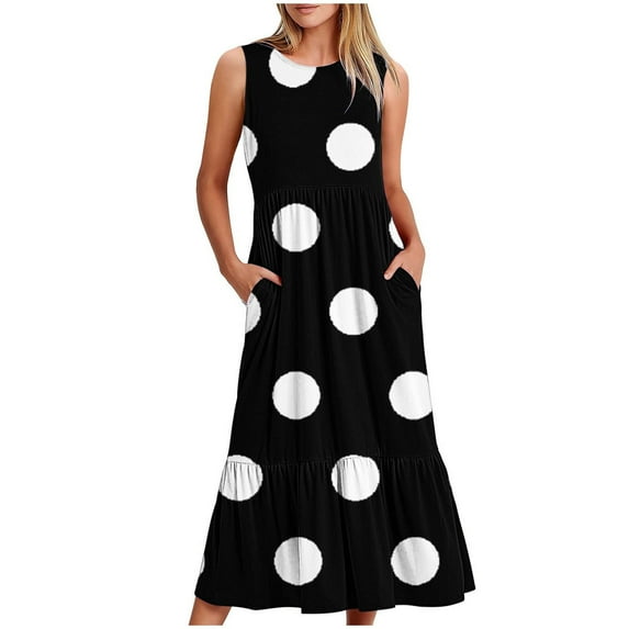Zpanxa Womens Summer Dresses Fashion Round Neck Sleeveless Maxi Dresses Loose Long Print Dress with Pockets